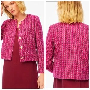 J.Crew Pink Textured Tweed Lady Jacket Gold Crest Button Cropped Blazer Size 4